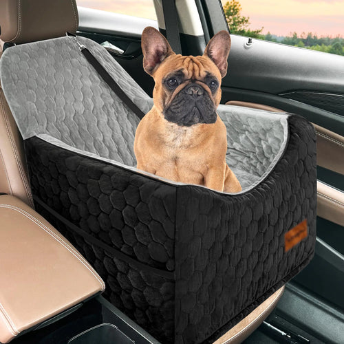 Dog Car Seat for Small Dogs Memory Foam Dog Booster Seat Elevated Pet Car Seat for Dogs up to 35 lbs Travel Safety Dog Car Bed with Washable Removable Cover Storage Pockets(GrayBlack)